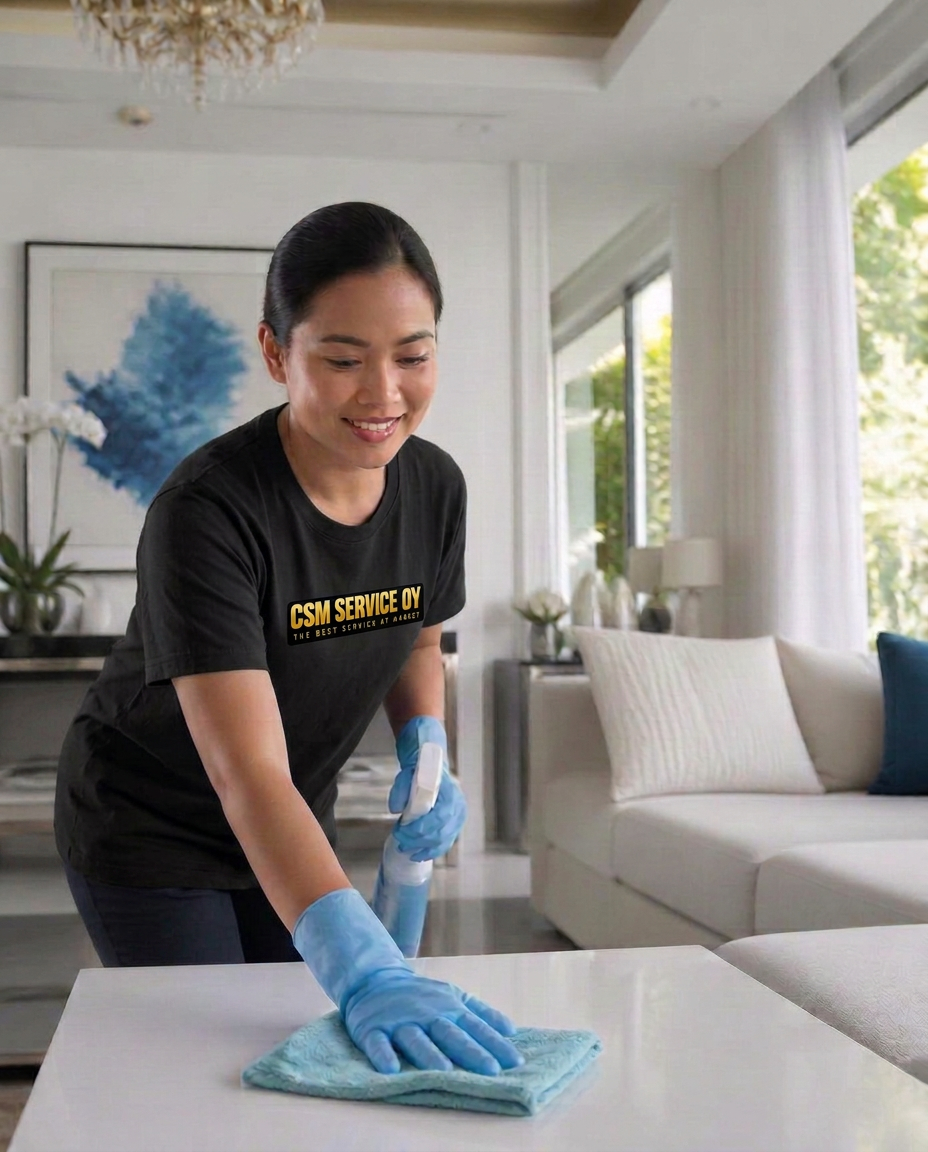 Professional cleaner at work in a bright modern interior